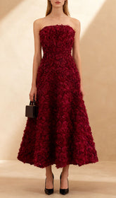 Ikuyo Wine Strapless Rose Midi Dress