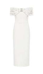 Glamorous White Crystal Off-Shoulder Midi Dress