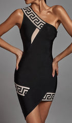 Chic Black One Shoulder Bandage Mini Dress with Greek Key Trim