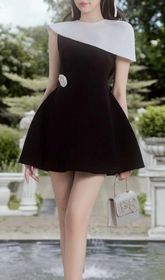 Gentry Chic Black & White Asymmetrical Mini Dress with Floral Accent
