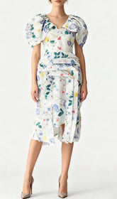 Janis Chic Floral Stripe Puff Sleeve Midi Dress