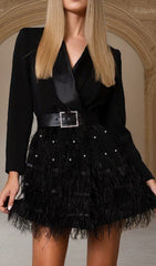 Caelia Luxe Black Feather Blazer Mini Dress with Diamante Belt