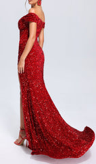 Showstopper Red Sequin Off-Shoulder Maxi Gown with Thigh Slit