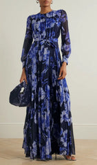 Hina Serene Blue Floral Pleated Long Sleeve Maxi Dress