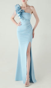 Ijlal Sky Blue One-Shoulder Ruffle Maxi Gown with Slit
