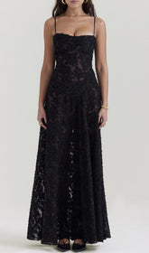 Billie Romantic Black Floral Lace-Up Back Maxi Dress