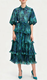Ilma Vibrant Teal & Blue Printed Puff Sleeve Layered Midi Dress