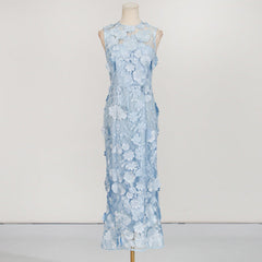 Cessair Enchanting Sky Blue 3D Floral Appliqu Sleeveless Midi Dress