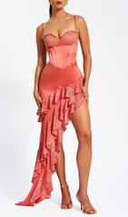 Alcina Coral Lace & Satin Corset Gown with Ruffle Slit