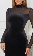 Alessia Black Velvet & Sheer Mesh Bodycon Midi Dress with Slit