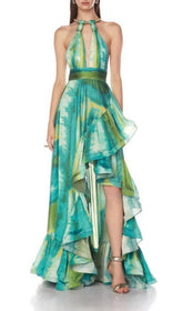 Farid Vibrant Tie-Dye Halter Maxi Dress with Ruffle High-Low Hem