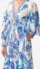 Jalie Elegant Blue Floral Porcelain Print Long Sleeve Maxi Dress
