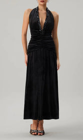 Faro Elegant Black Halterneck Ruched Maxi Dress