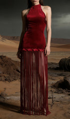 Jayla Red Velvet Halter Maxi Dress with Dramatic Tassels