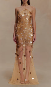 Radiant Gold Sequin Halter Maxi Dress
