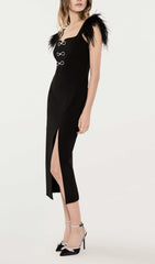 Cari Black Feather & Crystal Bow Midi Dress
