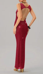 Dazzling Red Rhinestone Backless Maxi Dress