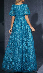 Stunning Dione Blue Floral Lace Maxi Dress with Puff Sleeves & Slit
