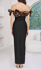 Dorona Elegant Black Leopard Floral Off-Shoulder Bandage Maxi Dress