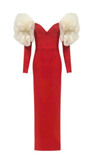 Cezary Red Sculptural Ruffle Off-Shoulder Maxi Gown