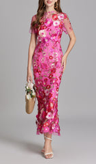 Vibrant Pink 3D Floral Embroidered Mesh Mermaid Midi Dress