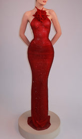 Deimena Glamorous Red Crystal Halter Maxi Gown
