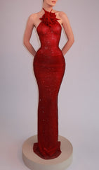 Deimena Glamorous Red Crystal Halter Maxi Gown