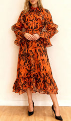 Chic Orange Leopard Ruffle Midi Dress