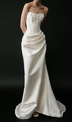 Caetana Glamour White Satin Strapless Corset Maxi Gown with Thigh-High Slit
