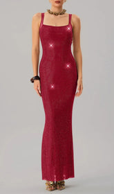 Dazzling Red Rhinestone Backless Maxi Dress