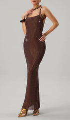 Dazzling Brown Backless Rhinestone Maxi Dress