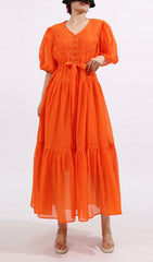 Fausto Vibrant Orange Puff Sleeve Tiered Maxi Dress