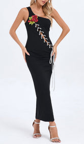 Bethany Black Rose Embroidered Lace-Up Maxi Dress