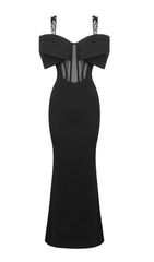 Ceylan Black Bow & Mesh Maxi Dress with Thigh Slit