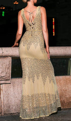 Fiana Golden Sequin V-Neck Maxi Dress