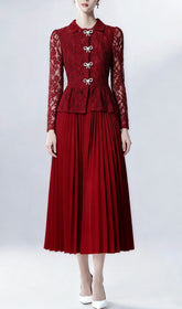 Elegant Ruby Red Lace & Pleated Midi Dress