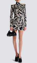 Chaha Glamorous Redcurrant Print Velvet Mini Dress with Gold Shoulder Accents