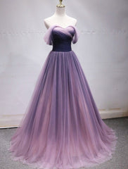 Purple Tulle Sweetheart Gradient Off Shoulder Long Party Dress