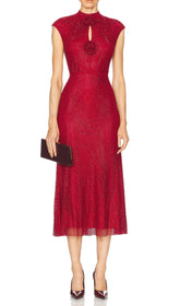 Dagfrid Radiant Red Crystal Flower Midi Dress