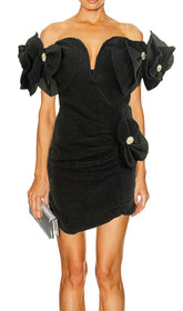 Carly Black Ribbed Floral Off-Shoulder Mini Dress