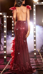 Sparkling Burgundy Sequin Feather Backless Gown with High Slit