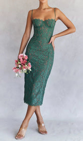 Elegant Forest Green Lace Corset Midi Dress