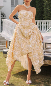 Nyviera Elegant Butter Yellow Strapless 3D Floral Midi Dress