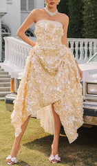 Nyviera Elegant Butter Yellow Strapless 3D Floral Midi Dress