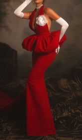 Glamorous Clor Red Halter Maxi Gown with 3D Floral & Peplum Detail