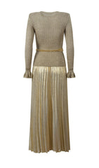 Glamorous Gold Lurex Ribbed Knit Maxi Dress with Statement Chain Belt