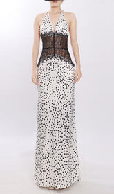 Jezziel Chic Polka Dot & Lace Halter Maxi Dress