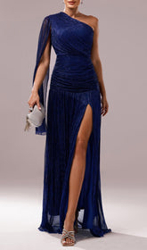 Fumiye One-Shoulder Shimmer Slit Maxi Dress