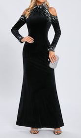Cassiope Embellished Black Velvet Cold Shoulder Maxi Gown