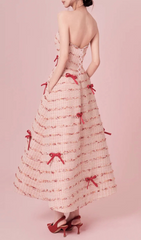 Ganya Luxe Tweed Strapless Midi Dress with Pearl & Bow Accents